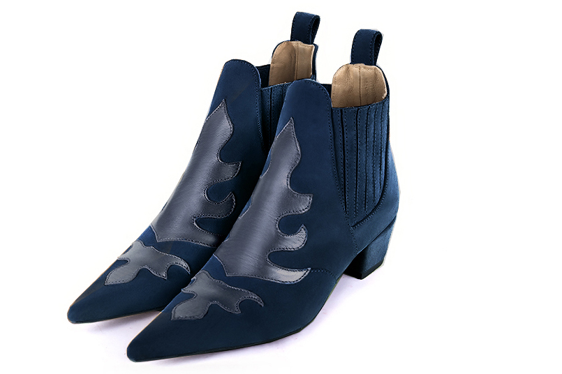 Navy blue women's ankle boots, with elastics. Pointed toe. Low cone heels. Front view - Florence KOOIJMAN